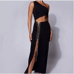 MESHKI midi dress in black with rhinestone details. Size M